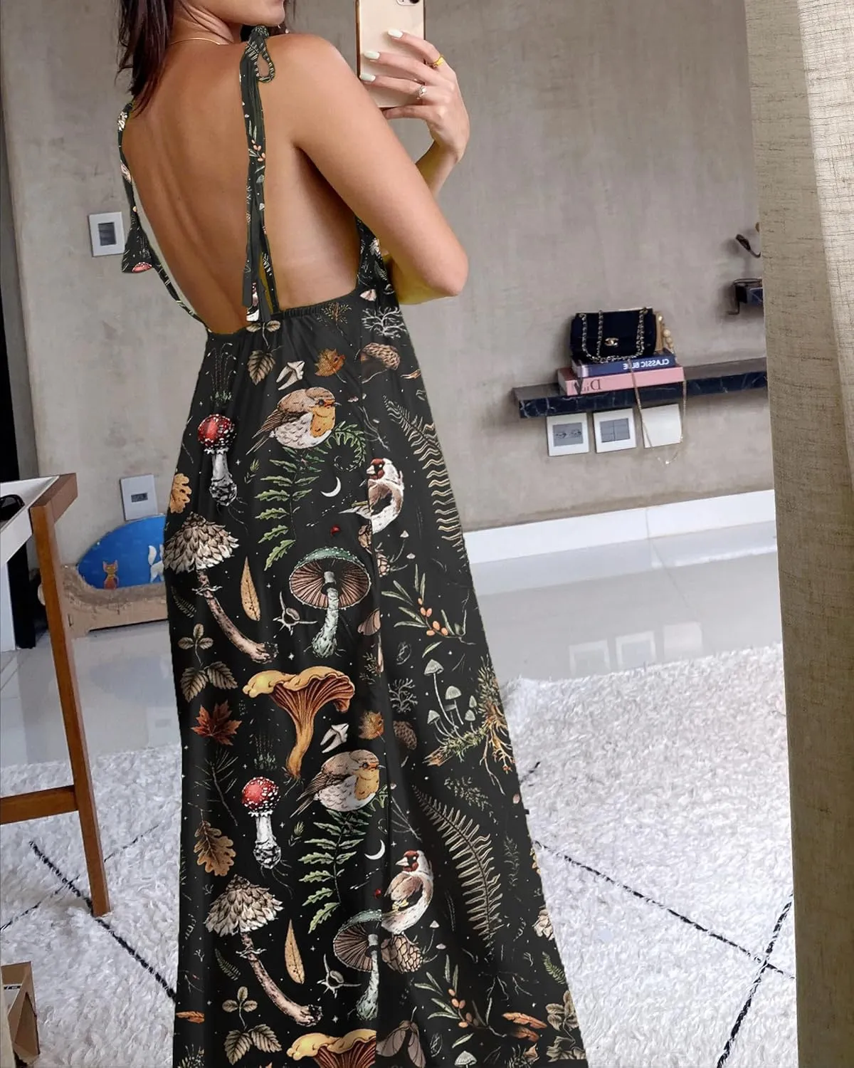 Mushrooms Fairyland Forest Forest Nature Print, V-neck Jumpsuit, Sleeveless, Backless, Tie Halters