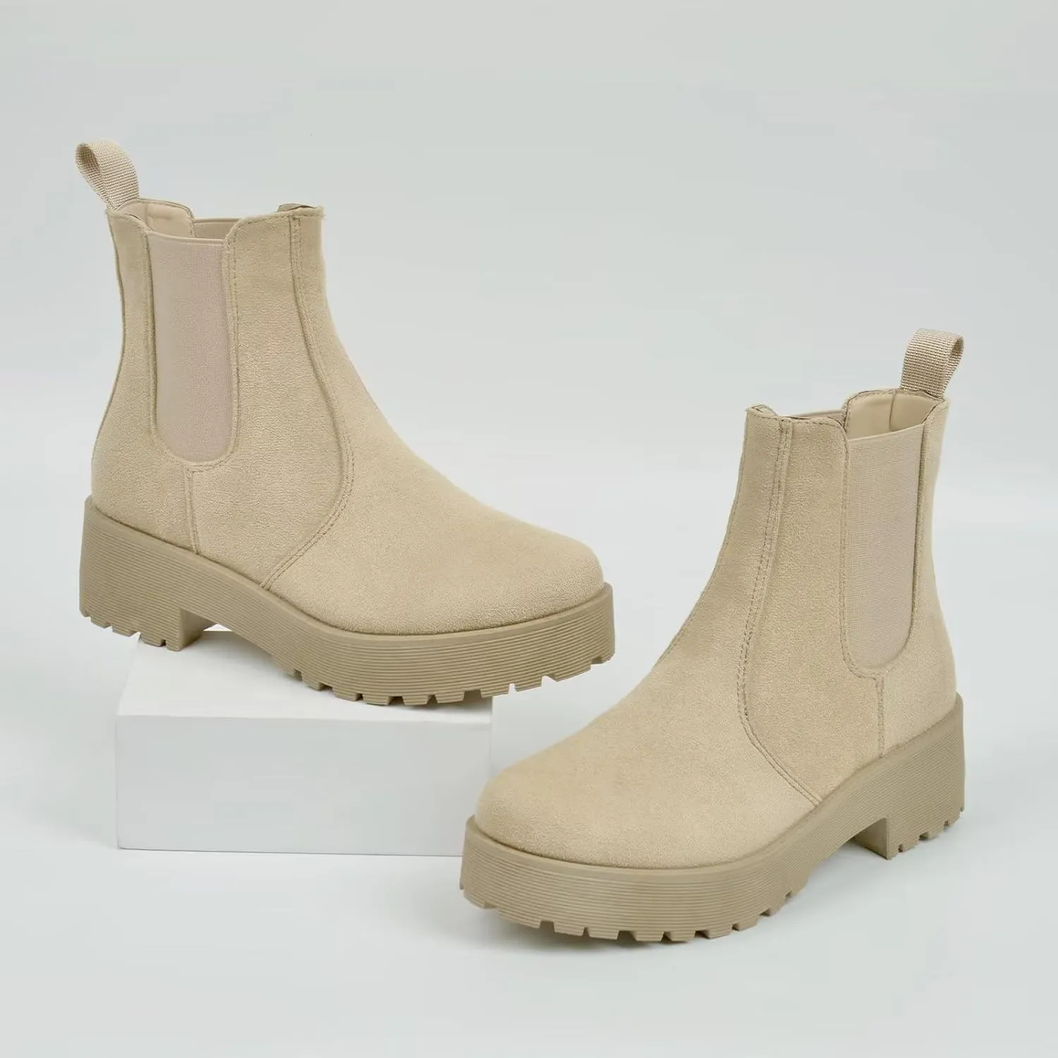 MUSSHOE Chelsea Chunky Heel Hiking Boots Womens Fall Ankle Platform Combat Boot Slip On Winter Moto Booties for Women Comfy