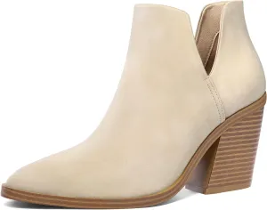 mysoft Women's Ankle Boots Slip on Cutout Pointed Toe Chunky Stacked Mid Heel Booties