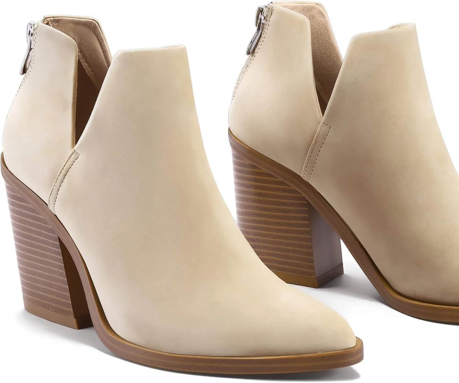 mysoft Women's Ankle Boots Slip on Cutout Pointed Toe Chunky Stacked Mid Heel Booties