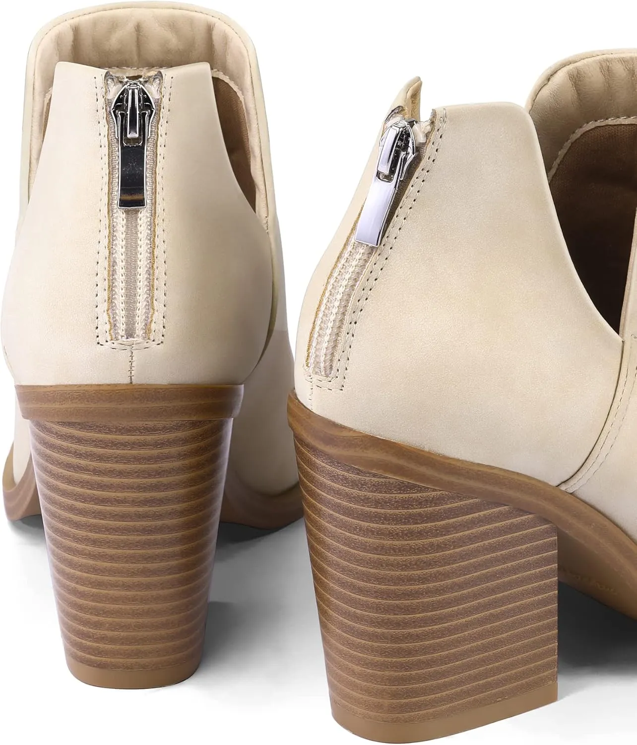 mysoft Women's Ankle Boots Slip on Cutout Pointed Toe Chunky Stacked Mid Heel Booties