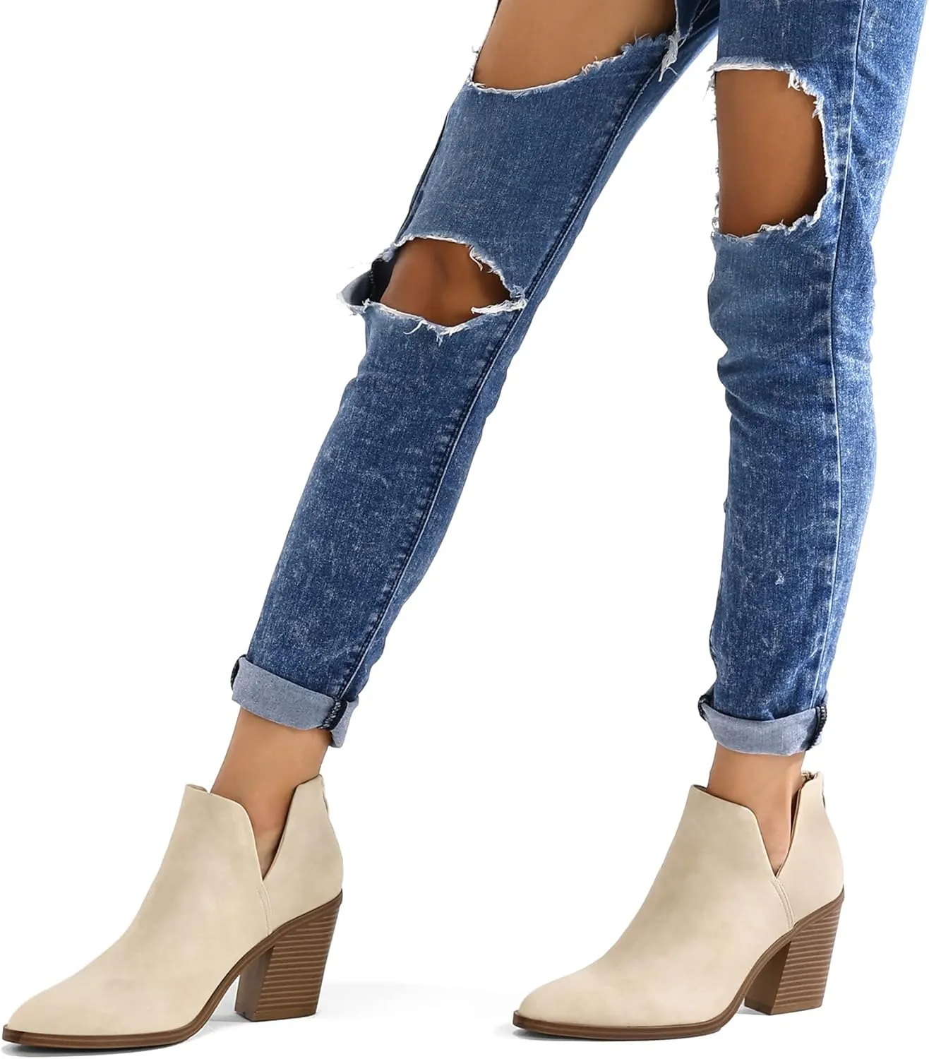 mysoft Women's Ankle Boots Slip on Cutout Pointed Toe Chunky Stacked Mid Heel Booties