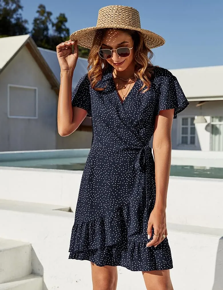 Naggoo Women's Summer Wrap V Neck Polka Dot Print Ruffle Short Sleeve Mini Floral Dress with Belt
