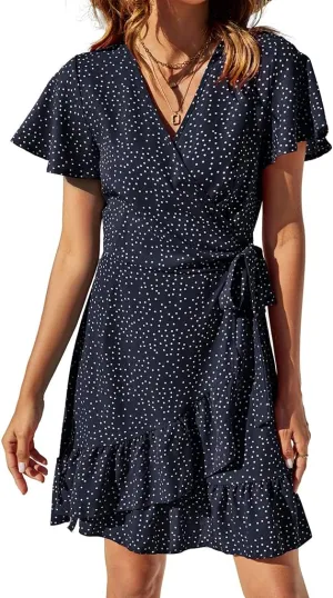 Naggoo Women's Summer Wrap V Neck Polka Dot Print Ruffle Short Sleeve Mini Floral Dress with Belt