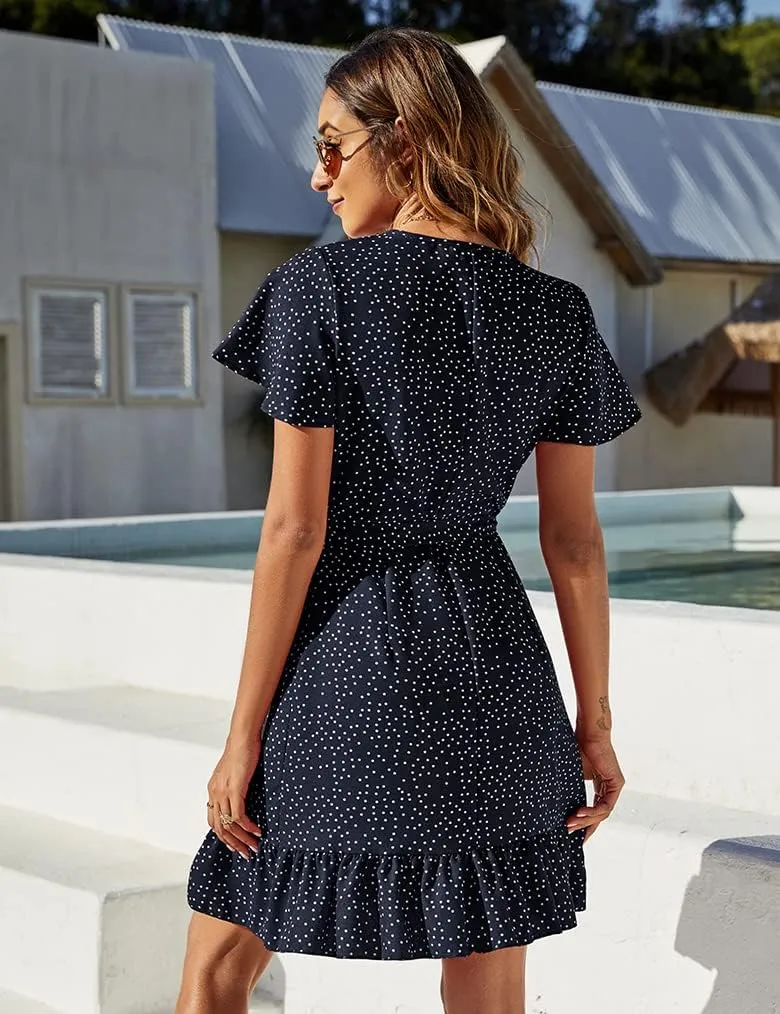 Naggoo Women's Summer Wrap V Neck Polka Dot Print Ruffle Short Sleeve Mini Floral Dress with Belt
