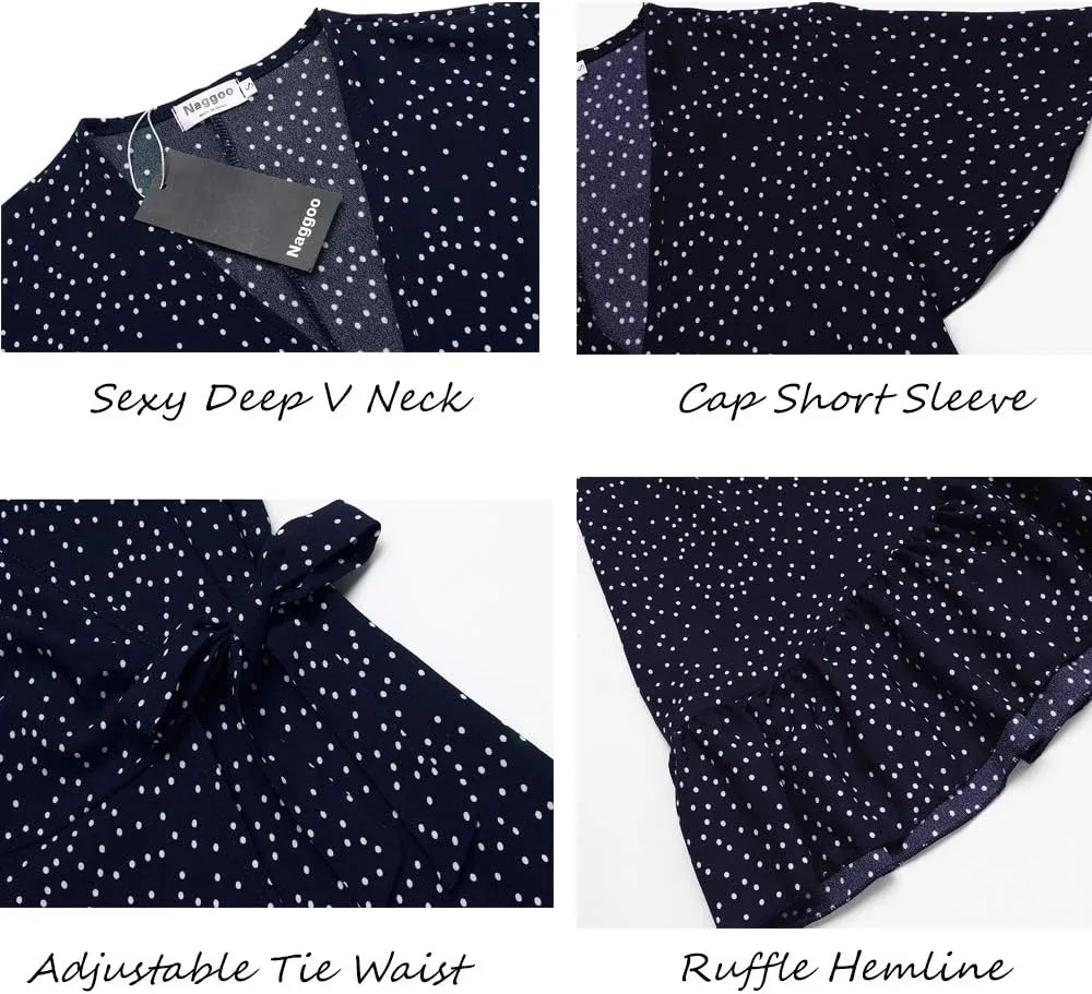 Naggoo Women's Summer Wrap V Neck Polka Dot Print Ruffle Short Sleeve Mini Floral Dress with Belt