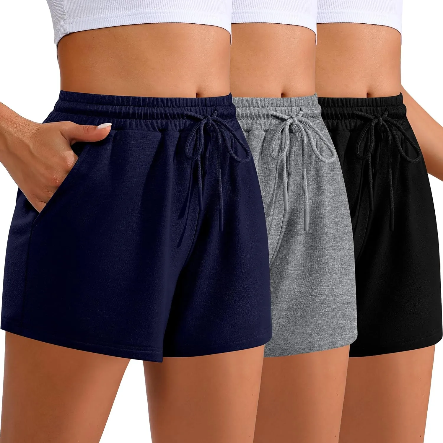 Neer 3 Pack Womens Sweat Shorts Comfy Casual Lounge Drawstring High Waist Summer Athletic Shorts with Pocket 2025