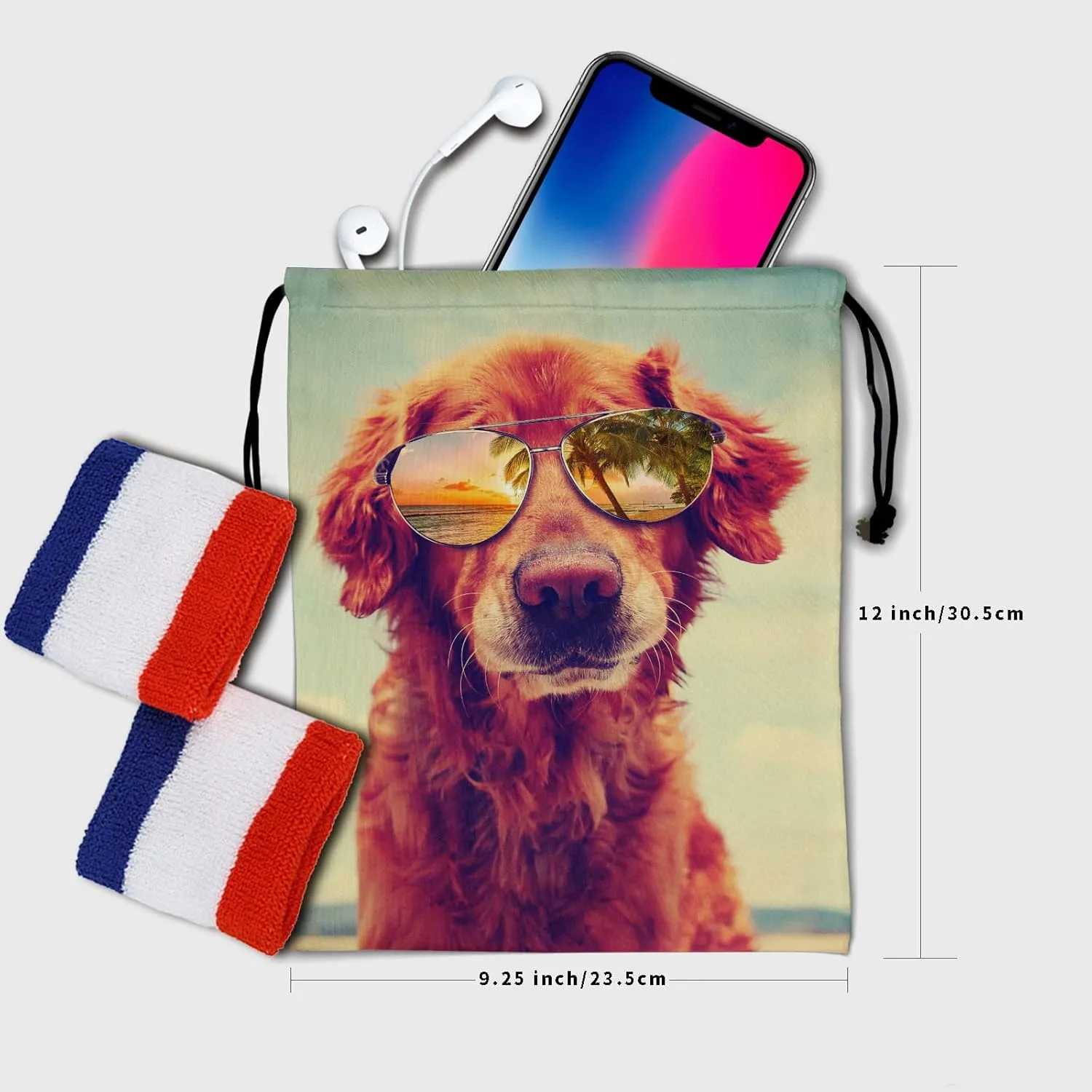 Nerxy Summer Dog Gymnastics Grip Bag - Beach Golden Retriever Grips Bag with Glasses Drawstring Storage Pouch Adjustable Polyester Towel
