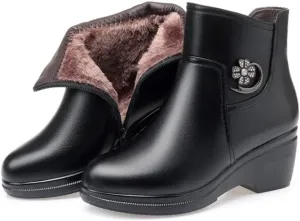 Niiyyjj Womens Genuine Leather Platform Boots Mother Wedge Boots Thick Wool Lined Ankle Boots