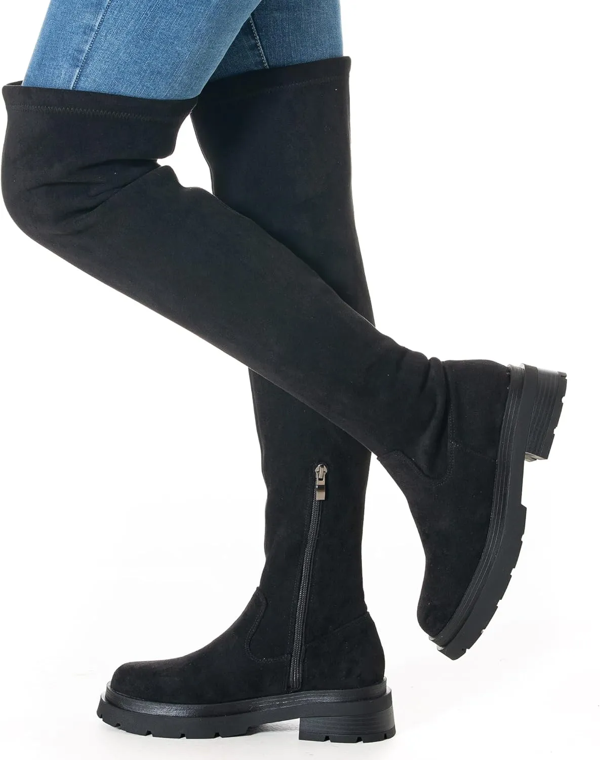N.N.G Women Over the Knee Boots Low Heel Winter Block Suede Thigh High Chunky OTK Long Comfort