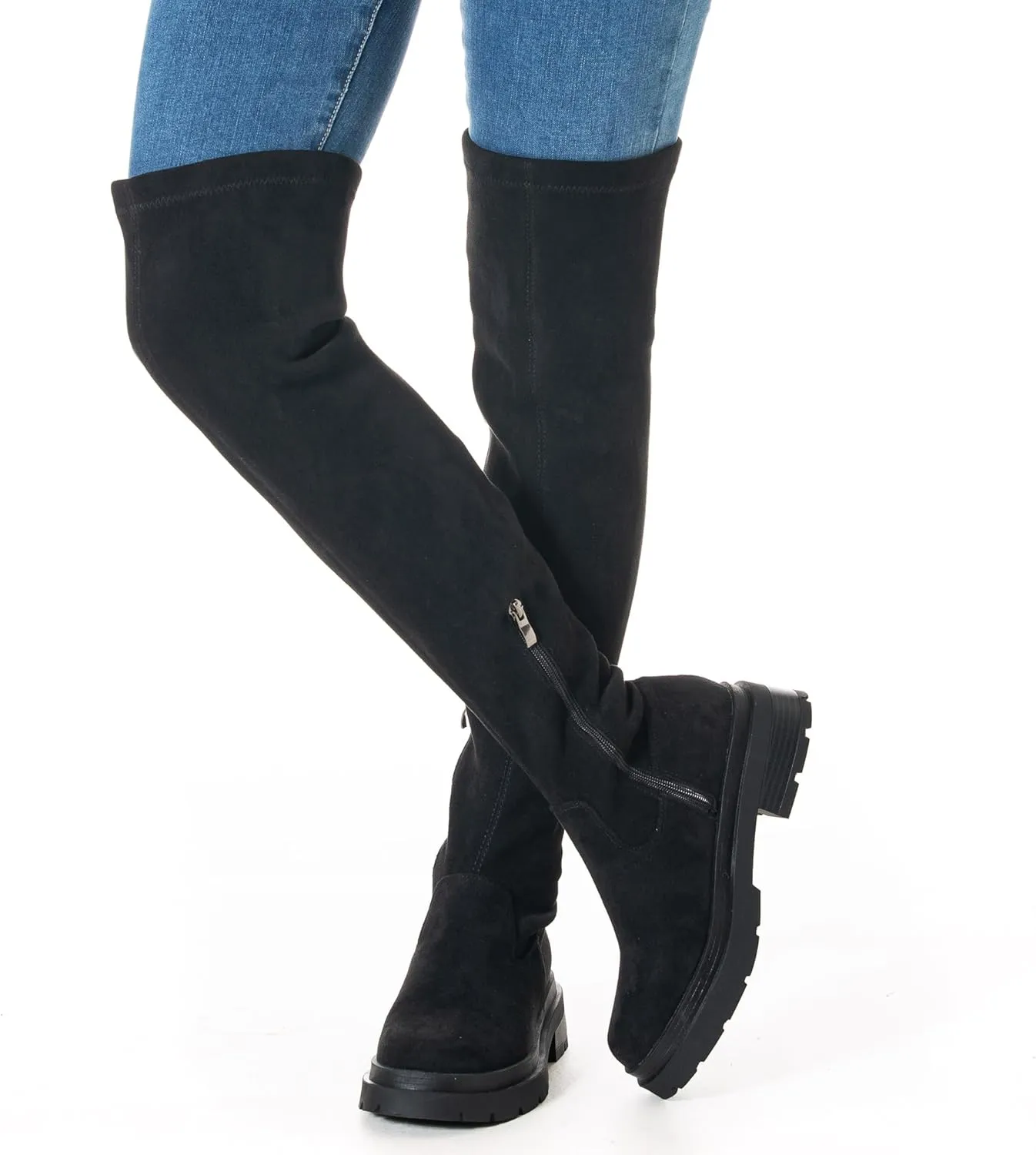 N.N.G Women Over the Knee Boots Low Heel Winter Block Suede Thigh High Chunky OTK Long Comfort