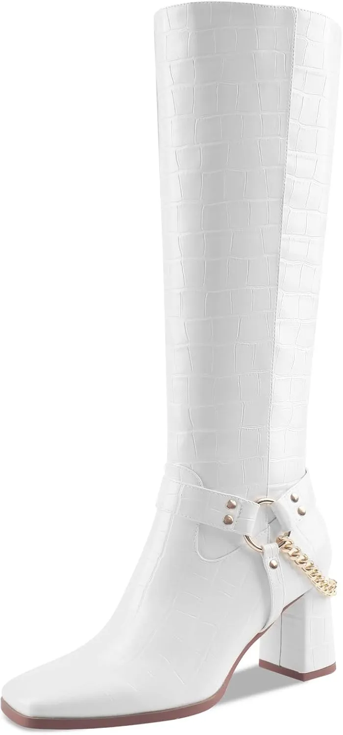 Oh Mispares Knee High Boots Slim Calf Square Toe Chunky Heel Narrow Calves Boots for Women Skinny Legs - Faux Leather Fall Winter Dress Riding Moto Tall 3 Inches Heels Boots for Girls