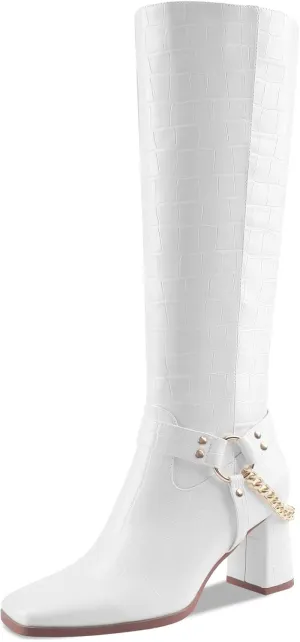 Oh Mispares Knee High Boots Slim Calf Square Toe Chunky Heel Narrow Calves Boots for Women Skinny Legs - Faux Leather Fall Winter Dress Riding Moto Tall 3 Inches Heels Boots for Girls
