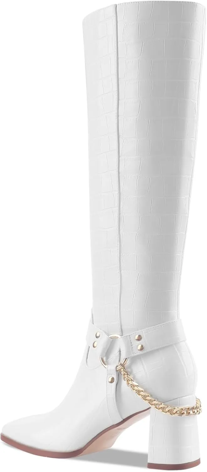 Oh Mispares Knee High Boots Slim Calf Square Toe Chunky Heel Narrow Calves Boots for Women Skinny Legs - Faux Leather Fall Winter Dress Riding Moto Tall 3 Inches Heels Boots for Girls