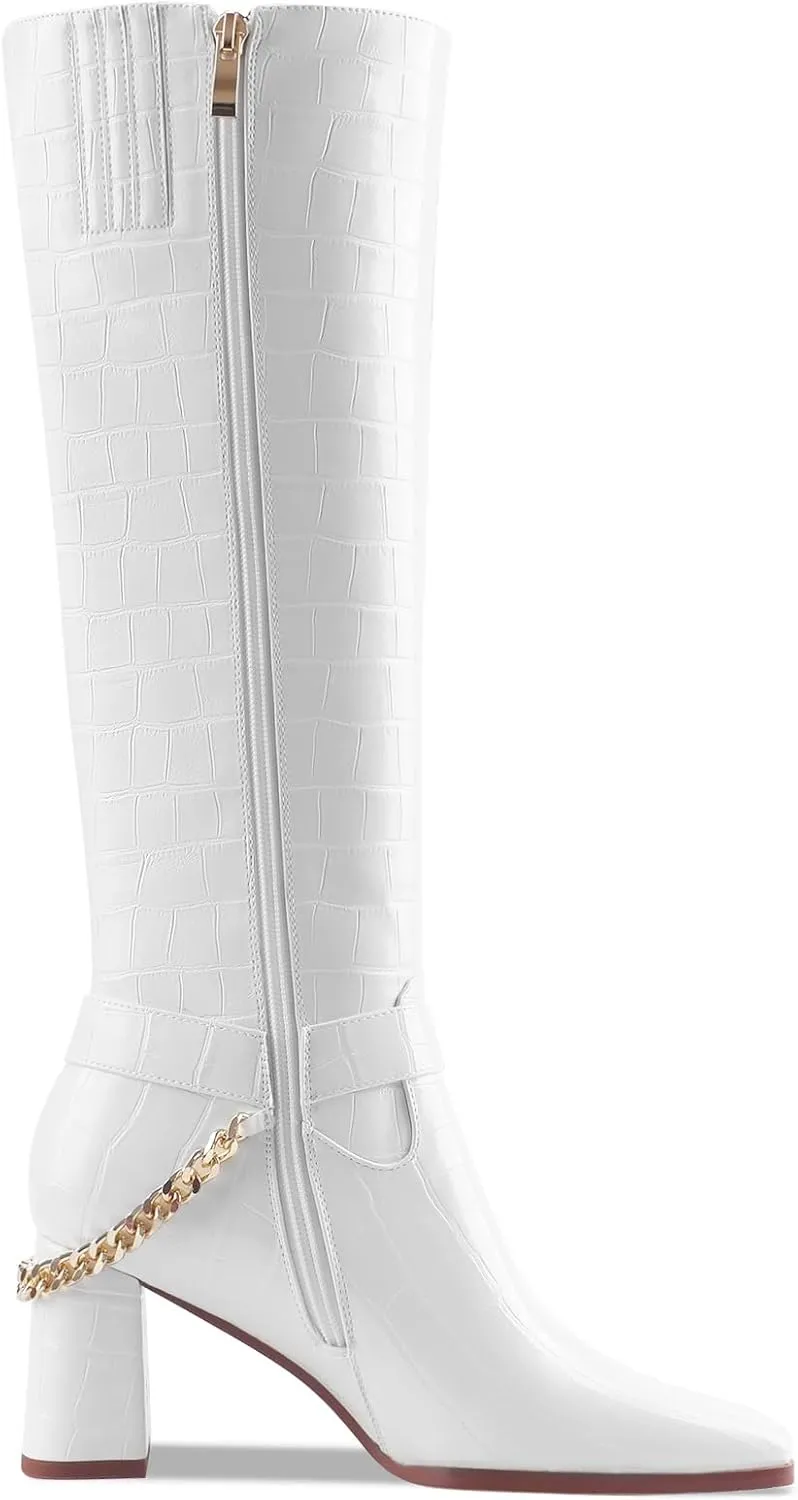 Oh Mispares Knee High Boots Slim Calf Square Toe Chunky Heel Narrow Calves Boots for Women Skinny Legs - Faux Leather Fall Winter Dress Riding Moto Tall 3 Inches Heels Boots for Girls