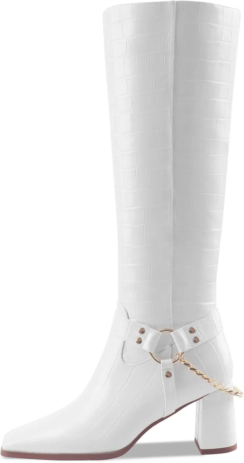 Oh Mispares Knee High Boots Slim Calf Square Toe Chunky Heel Narrow Calves Boots for Women Skinny Legs - Faux Leather Fall Winter Dress Riding Moto Tall 3 Inches Heels Boots for Girls