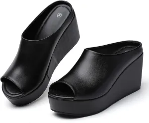 Orthopedic Wedge Sandals Women - Walking Shoes Leather Wedge Slides for Women Dressy Platform - Comfortable & Lightweight Fashion Casual Heels