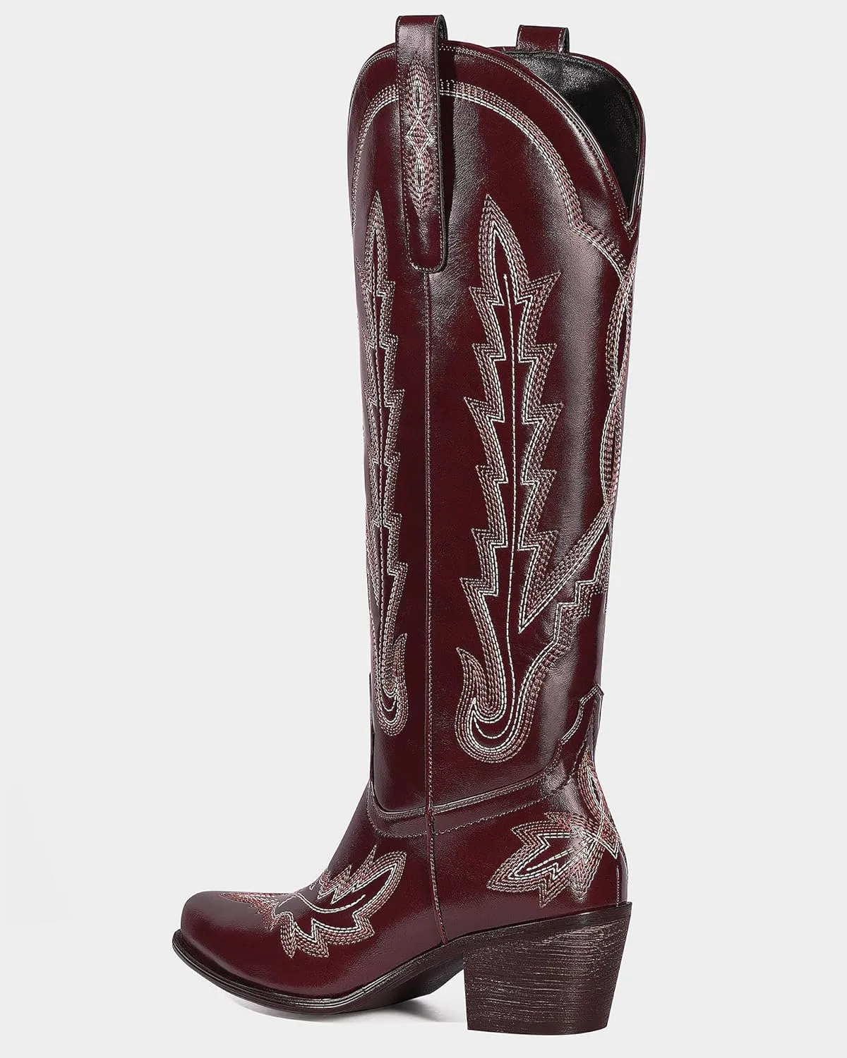 Ouepiano Cowboy Boots for Women Knee High Cowgirl Boots with Classic Embroidered Slip On Pointed Toe Chunky Heel Pull On Fashion Retro Tall Boot