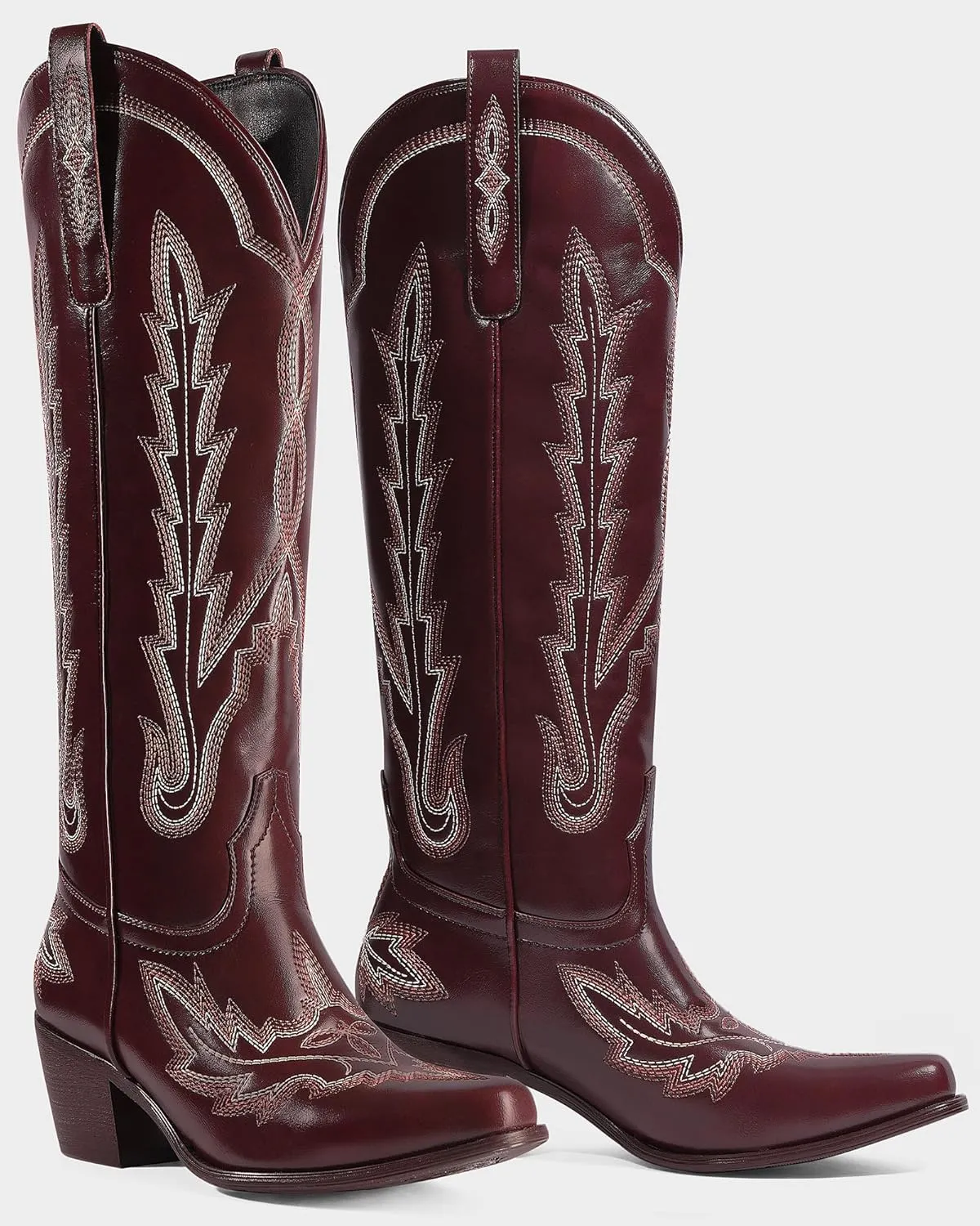 Ouepiano Cowboy Boots for Women Knee High Cowgirl Boots with Classic Embroidered Slip On Pointed Toe Chunky Heel Pull On Fashion Retro Tall Boot