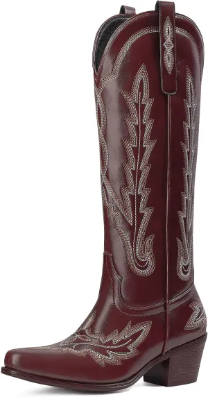Ouepiano Cowboy Boots for Women Knee High Cowgirl Boots with Classic Embroidered Slip On Pointed Toe Chunky Heel Pull On Fashion Retro Tall Boot