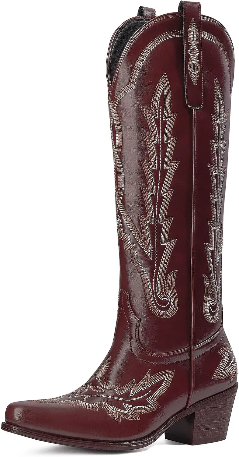 Ouepiano Cowboy Boots for Women Knee High Cowgirl Boots with Classic Embroidered Slip On Pointed Toe Chunky Heel Pull On Fashion Retro Tall Boot