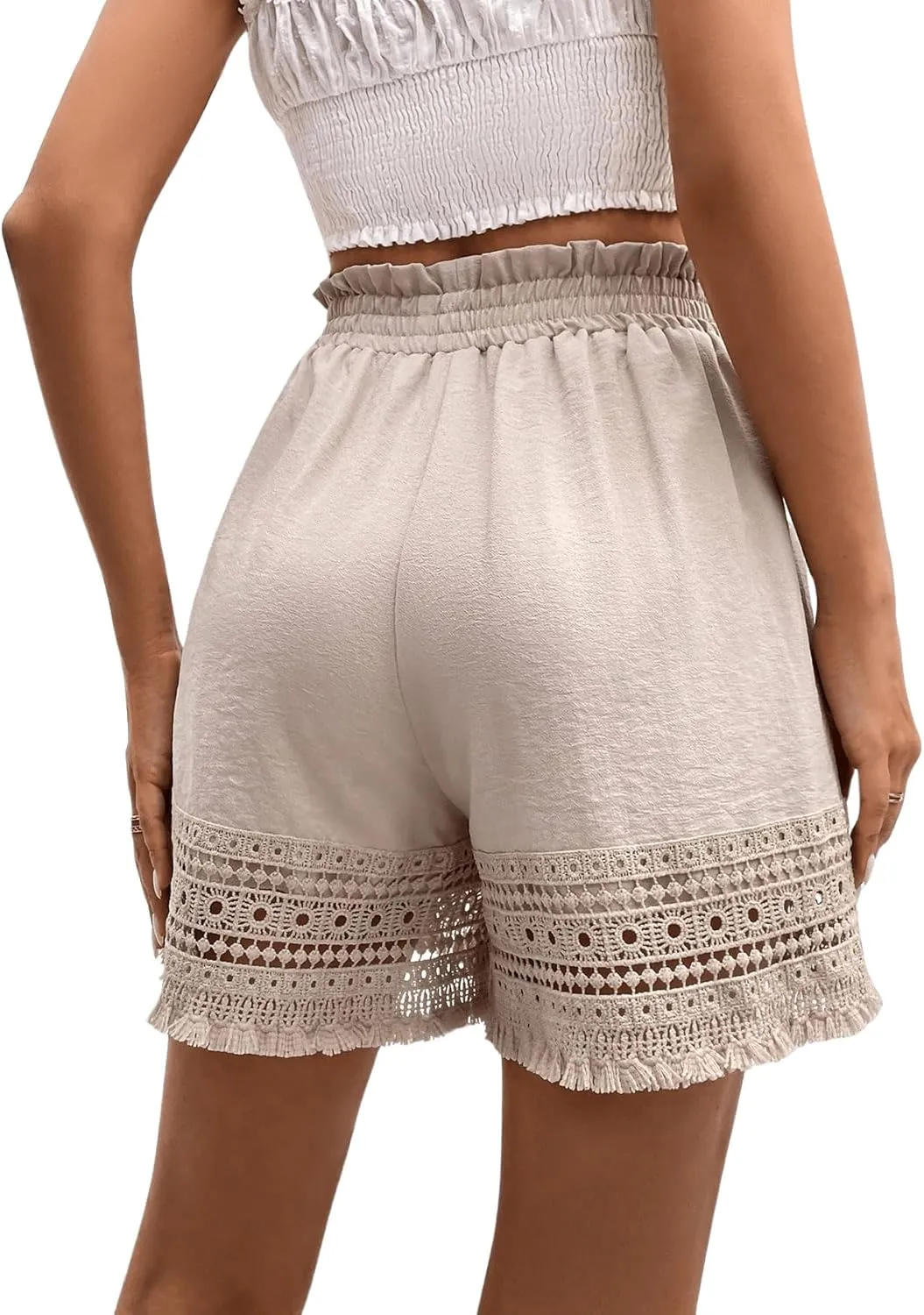 OYOANGLE Women's Boho Style Paperbag Waist Lace Fringe Wide Leg Shorts Casual Loose Fit Beach Shorts