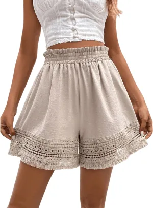 OYOANGLE Women's Boho Style Paperbag Waist Lace Fringe Wide Leg Shorts Casual Loose Fit Beach Shorts