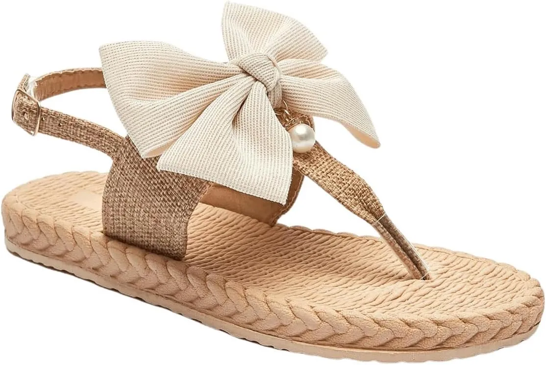 OYOANGLE Women's Bow Pearl Decor Open Toe Flip Flop Sandals Slingback Flat Summer Vacation Thong Sandals
