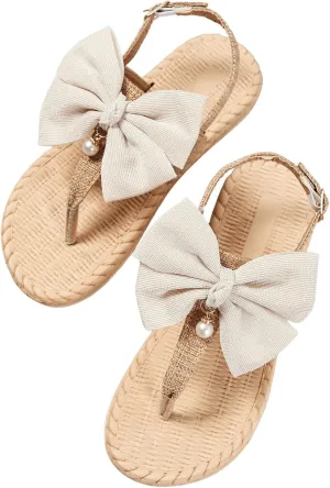 OYOANGLE Women's Bow Pearl Decor Open Toe Flip Flop Sandals Slingback Flat Summer Vacation Thong Sandals