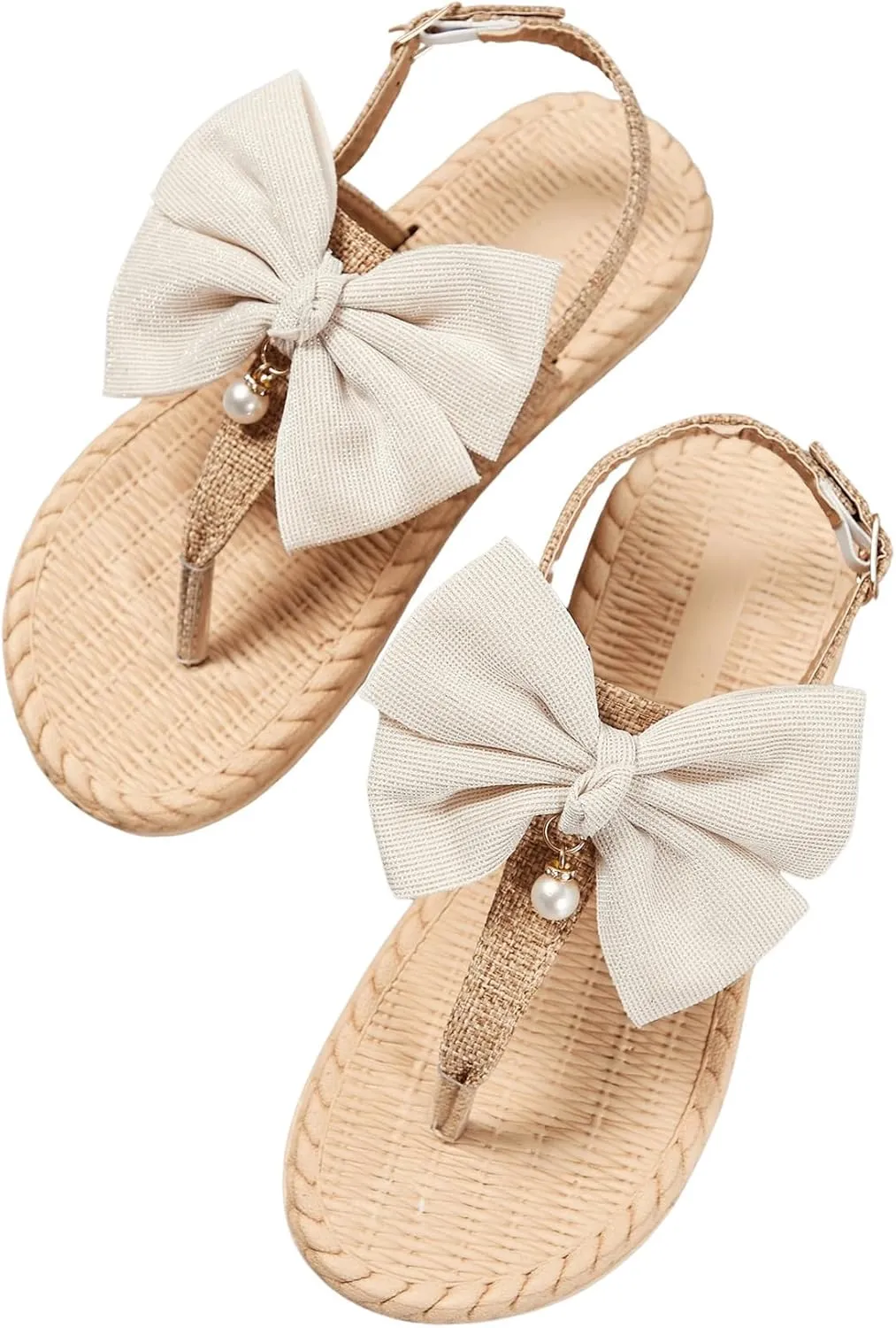 OYOANGLE Women's Bow Pearl Decor Open Toe Flip Flop Sandals Slingback Flat Summer Vacation Thong Sandals