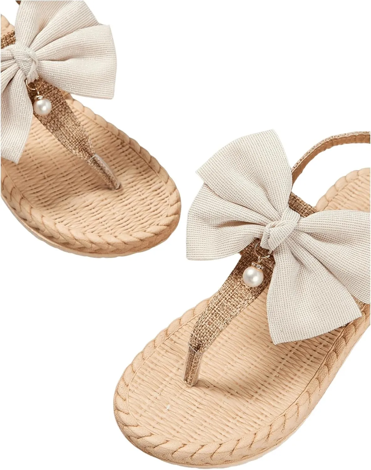OYOANGLE Women's Bow Pearl Decor Open Toe Flip Flop Sandals Slingback Flat Summer Vacation Thong Sandals