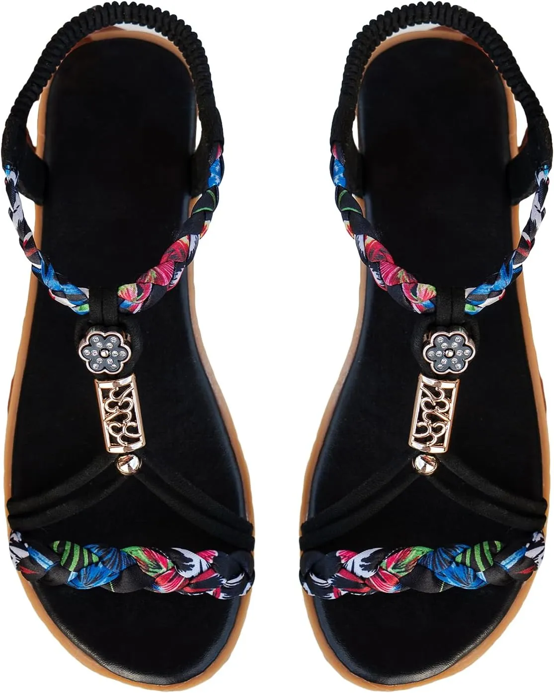 OYOANGLE Women's Printed Braided Ankle Strap Flat Sandals Open Toe Slingback Sandals Casual Vacation Shoes
