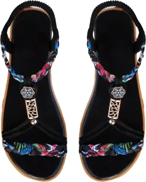 OYOANGLE Women's Printed Braided Ankle Strap Flat Sandals Open Toe Slingback Sandals Casual Vacation Shoes