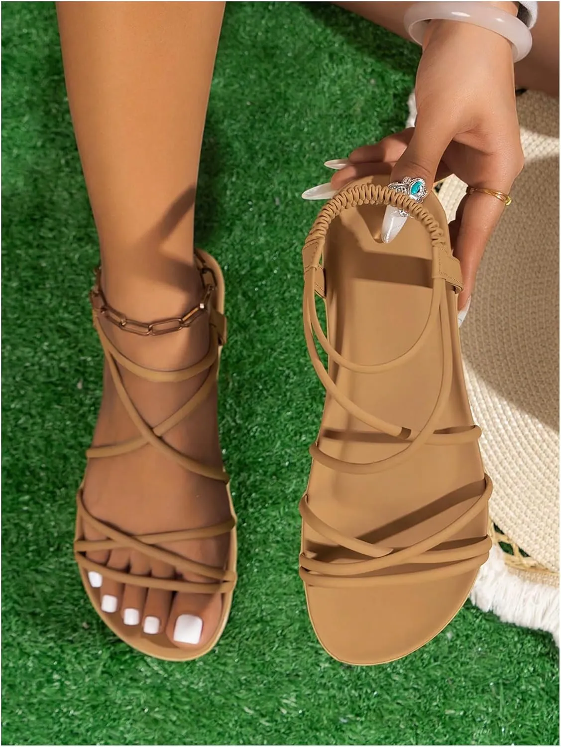 OYOANGLE Women's PU Leather Strappy Slingback Sandals Open Toe Flat Summer Beach Shoes