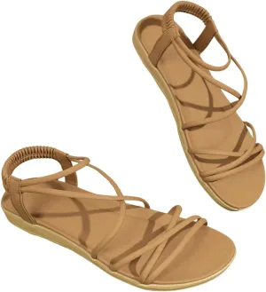 OYOANGLE Women's PU Leather Strappy Slingback Sandals Open Toe Flat Summer Beach Shoes