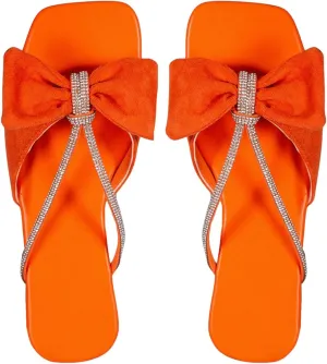 OYOANGLE Women's Rhinestone Bow Open Toe Corduroy Flat Sandals Summer Casual Slide Sandals