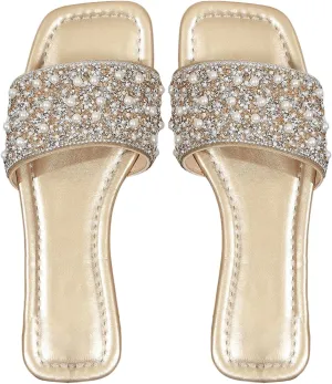 OYOANGLE Women's Rhinestone Flat Sandals Squared Slip on Open Toe Slide Sandals Slippers