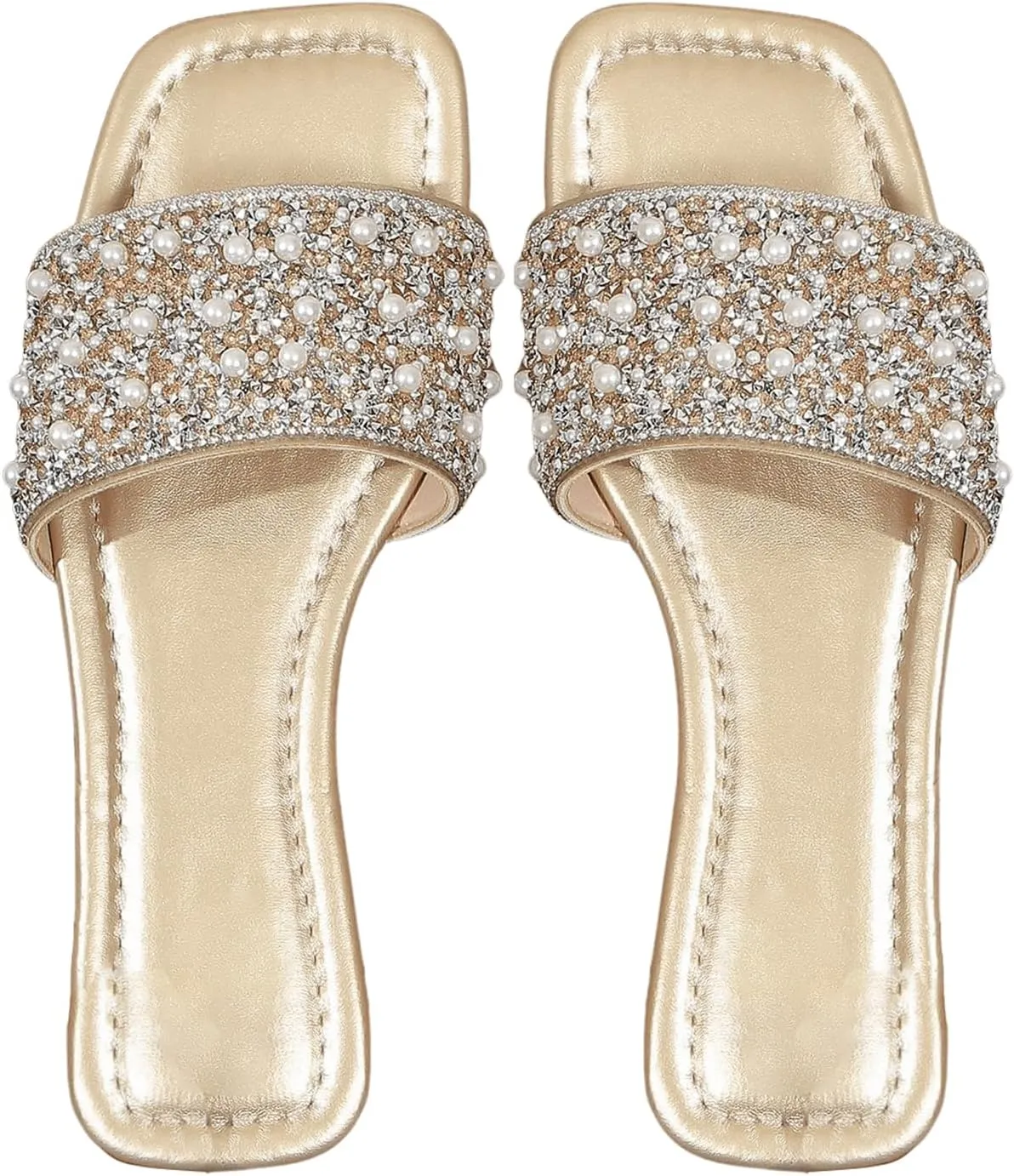 OYOANGLE Women's Rhinestone Flat Sandals Squared Slip on Open Toe Slide Sandals Slippers