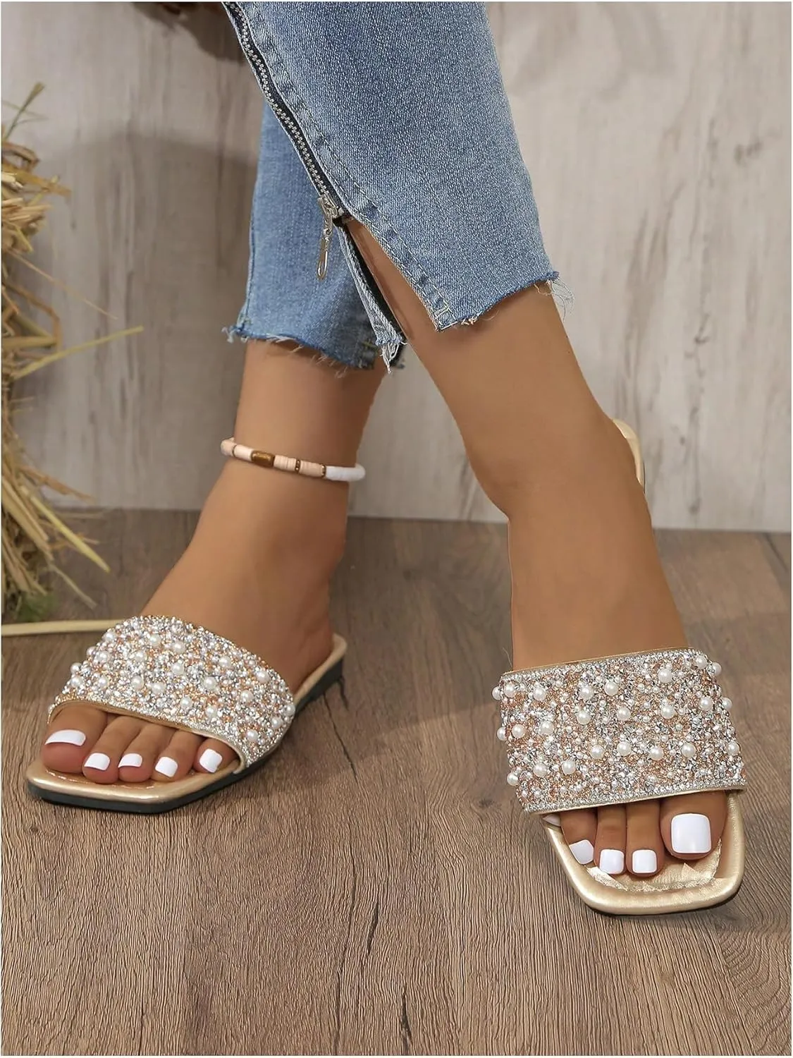 OYOANGLE Women's Rhinestone Flat Sandals Squared Slip on Open Toe Slide Sandals Slippers