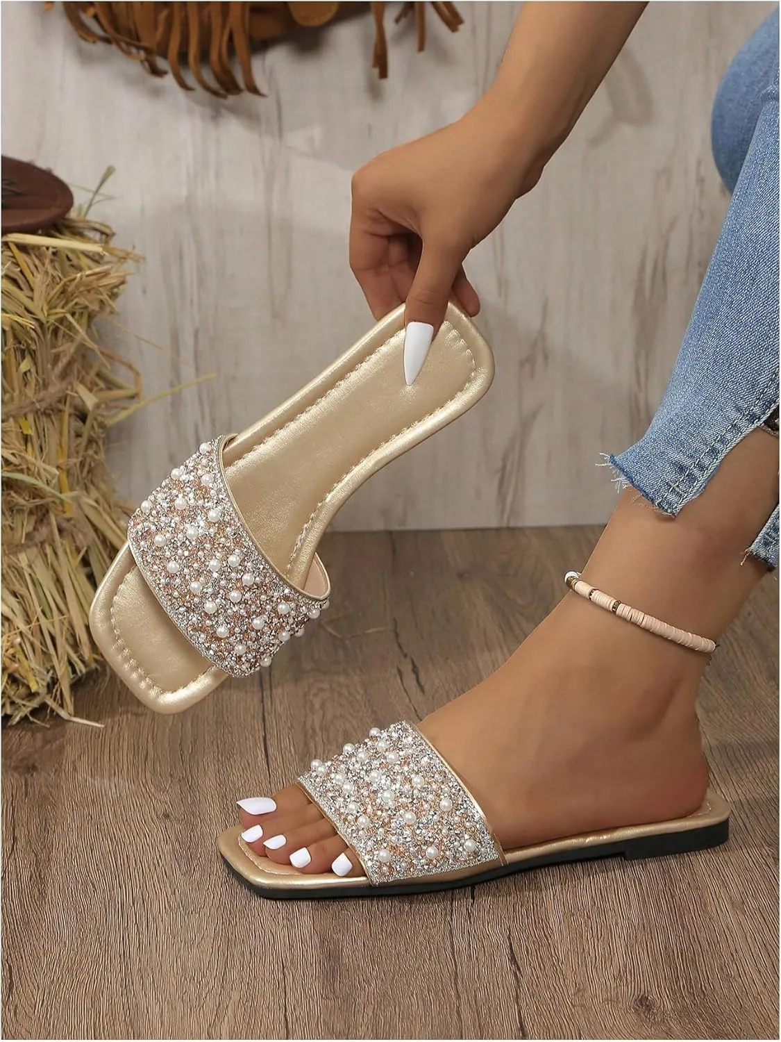 OYOANGLE Women's Rhinestone Flat Sandals Squared Slip on Open Toe Slide Sandals Slippers