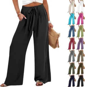 Palazzo Pants for Women Casual Dressy Tie High Waisted Wide Leg Linen Pants Baggy Flowy Boho Beach Pants with Pockets