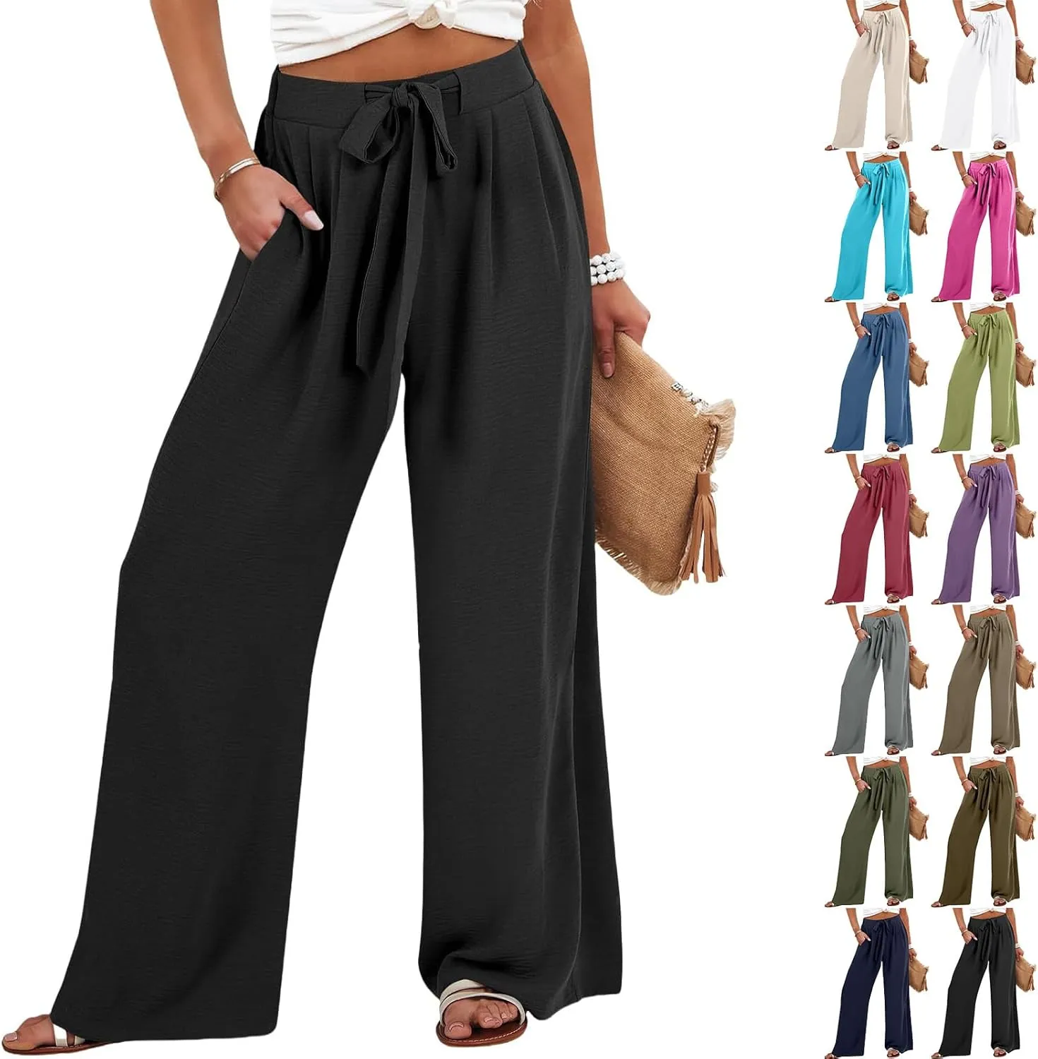 Palazzo Pants for Women Casual Dressy Tie High Waisted Wide Leg Linen Pants Baggy Flowy Boho Beach Pants with Pockets