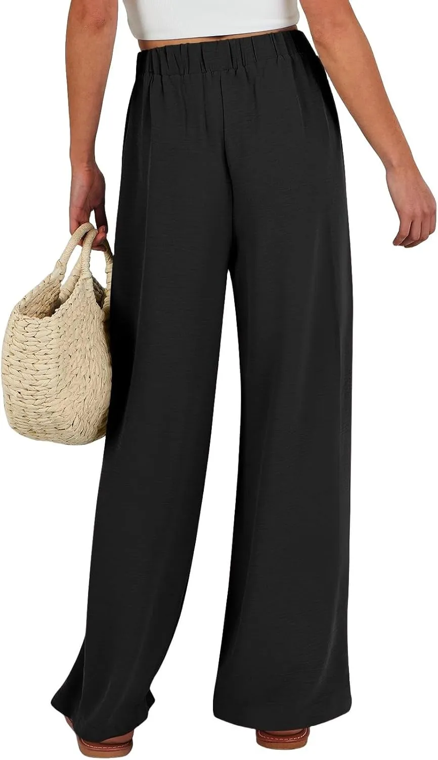 Palazzo Pants for Women Casual Dressy Tie High Waisted Wide Leg Linen Pants Baggy Flowy Boho Beach Pants with Pockets