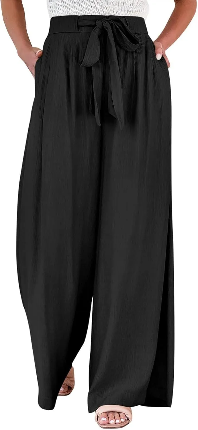 Palazzo Pants for Women Casual Dressy Tie High Waisted Wide Leg Linen Pants Baggy Flowy Boho Beach Pants with Pockets
