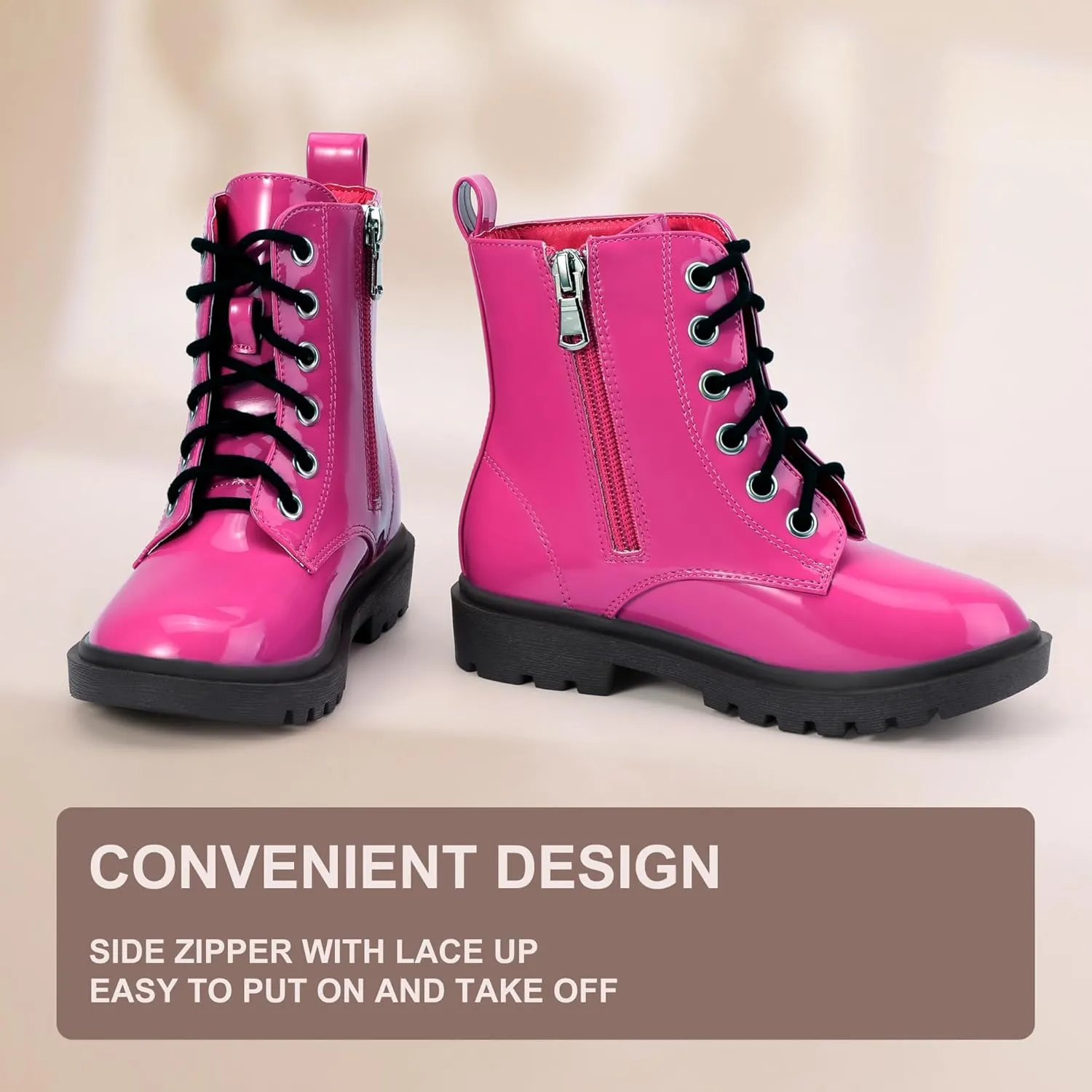 PANDANINJIA Girls Boys Combat Boots Lace Up Little Big Kids Toddler Booties with Side Zipper Ankle Dress Girls Boots