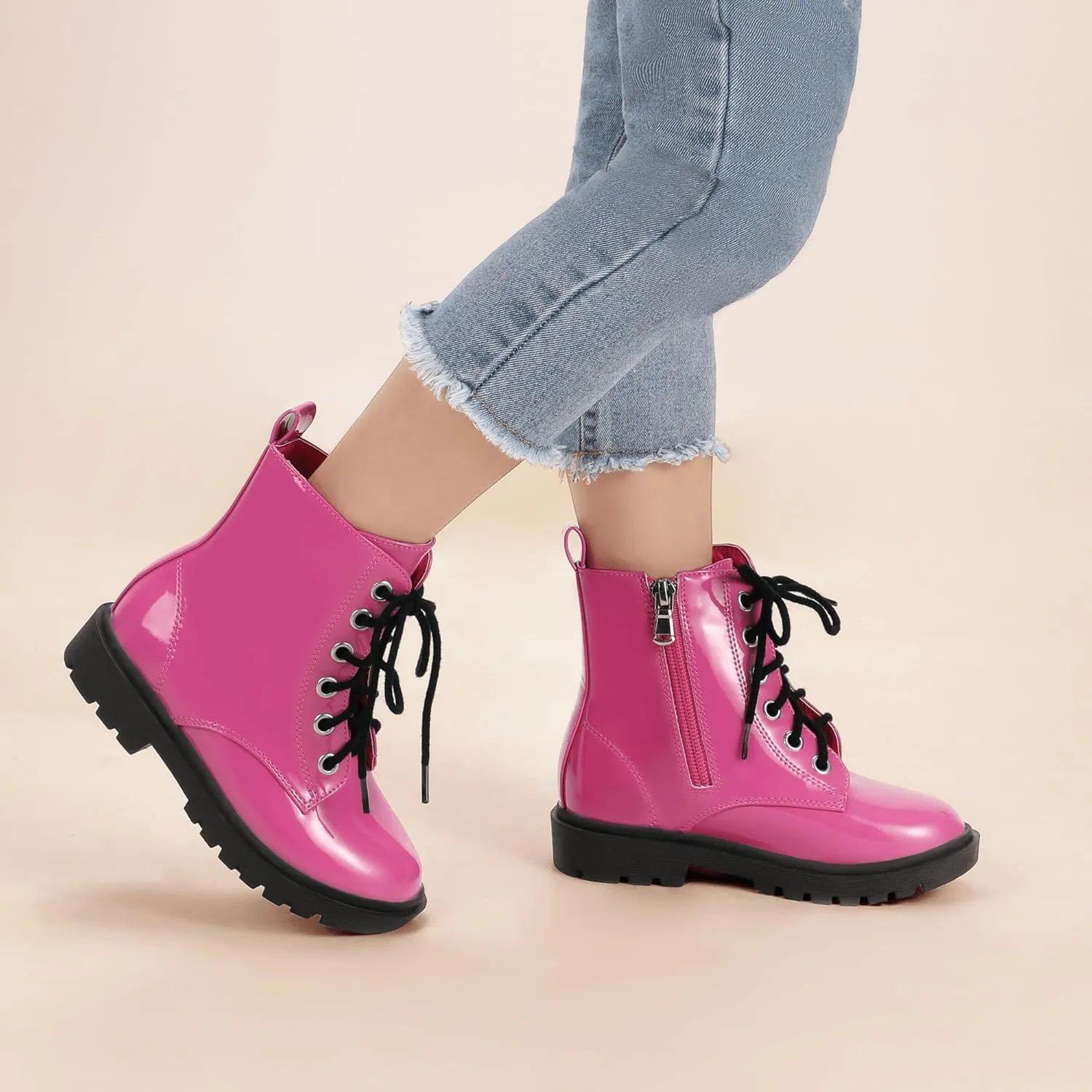 PANDANINJIA Girls Boys Combat Boots Lace Up Little Big Kids Toddler Booties with Side Zipper Ankle Dress Girls Boots