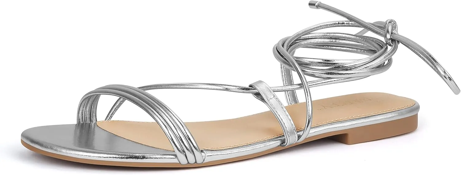 PARTY Women's Strappy Sandals Lace Up Flats Tie Up Open Toe Ankle Strap Shoes