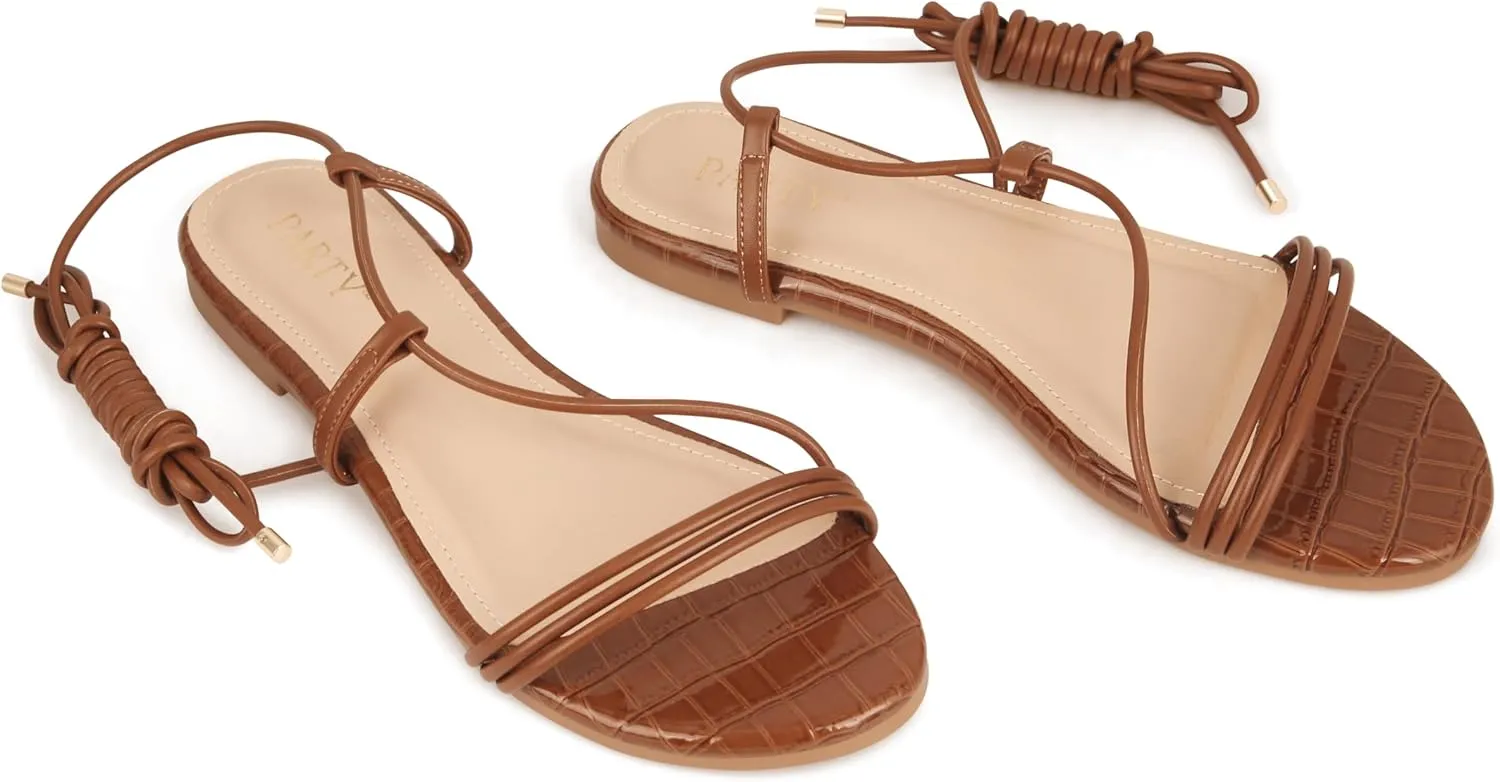 PARTY Women's Strappy Sandals Lace Up Flats Tie Up Open Toe Ankle Strap Shoes