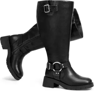 Pasuot Extra Wide Calf Boots for Women - Knee High Square Toe Wide Width Platform Plus Size Tall Boots with Side Zip, Elastic bands Buckle Chunky Heel Wide Leg Fashion Motorcycle Boot for Spring Fall