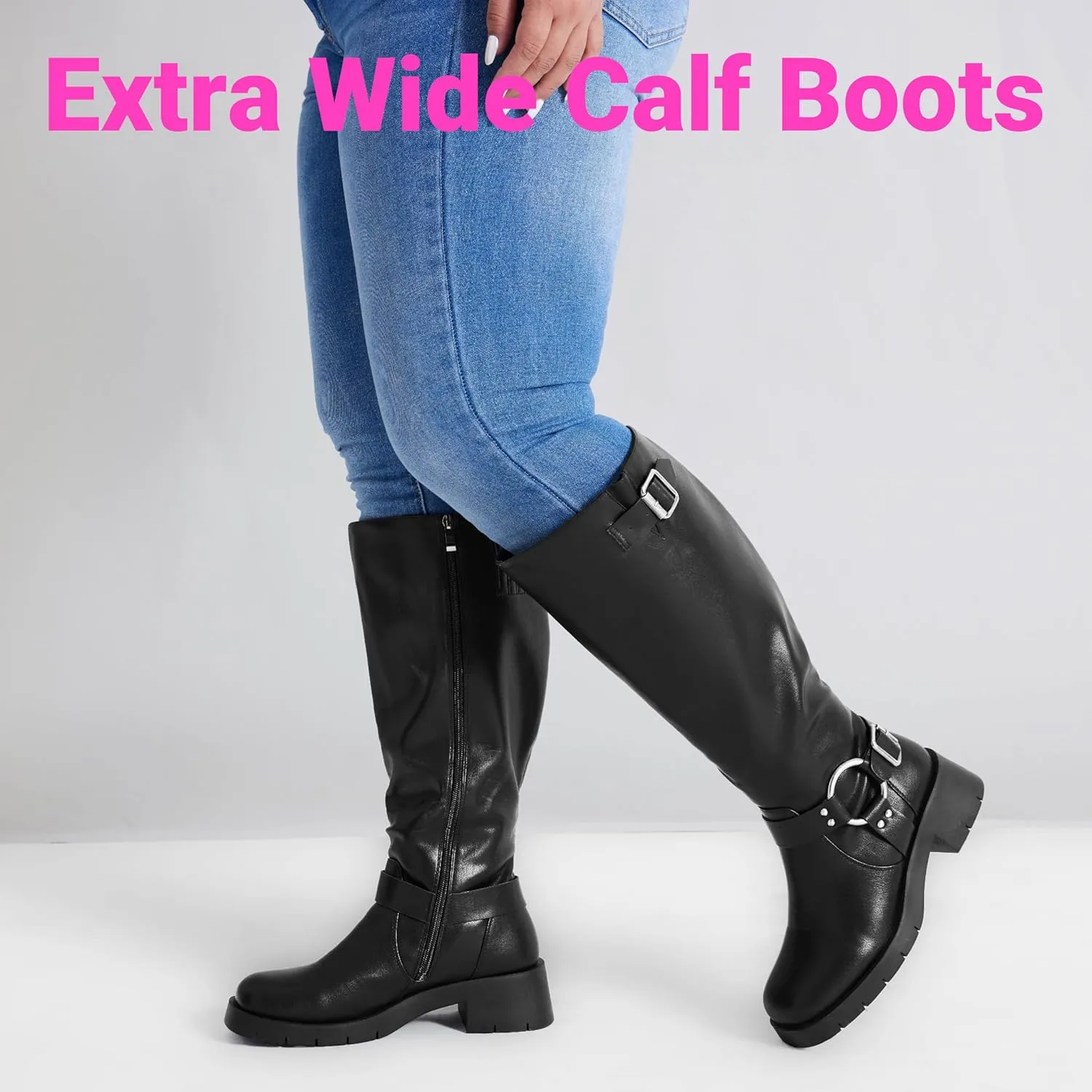 Pasuot Extra Wide Calf Boots for Women - Knee High Square Toe Wide Width Platform Plus Size Tall Boots with Side Zip, Elastic bands Buckle Chunky Heel Wide Leg Fashion Motorcycle Boot for Spring Fall